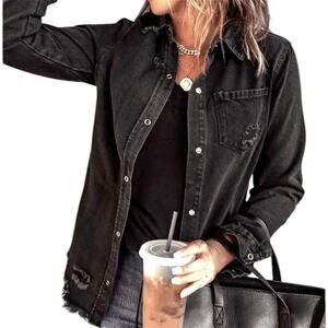 Papaya Branch Distressed Shacket NWT‎ Black size Medium Snap Front